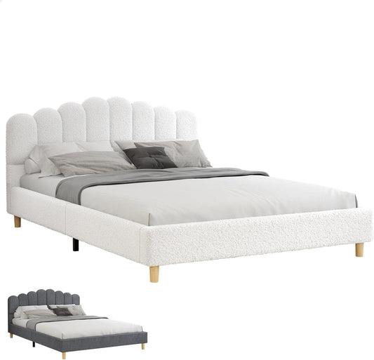 ALFORDSON Bed Frame Base Double Size with Boucle Fabric Upholstery, Bed Platform Foundation with Headboard for Mattress Topper, Tania Boucle White