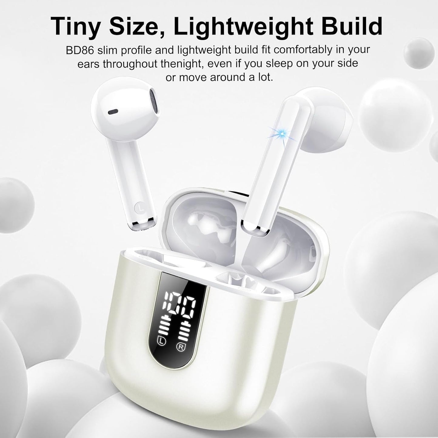 Wireless Earbuds, Bluetooth 5.3 Headphones HiFi Stereo, Mini in-Ear Bluetooth Earbuds, Wireless Earphones with 4 ENC Noise Cancelling Mic, IP7 Waterproof, LED Display, Touch Control Ear Buds, White