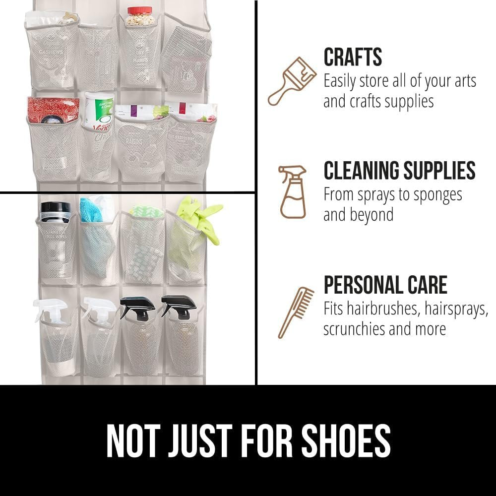 GORILLA GRIP Breathable Mesh Large 24 Pocket Shoe Organizer, Holds Up to 40 Pounds, Sturdy Hooks, Space Saving, Over Door, Storage Rack Hangs on Closets for Shoes, Sneakers or Home Accessories, Linen