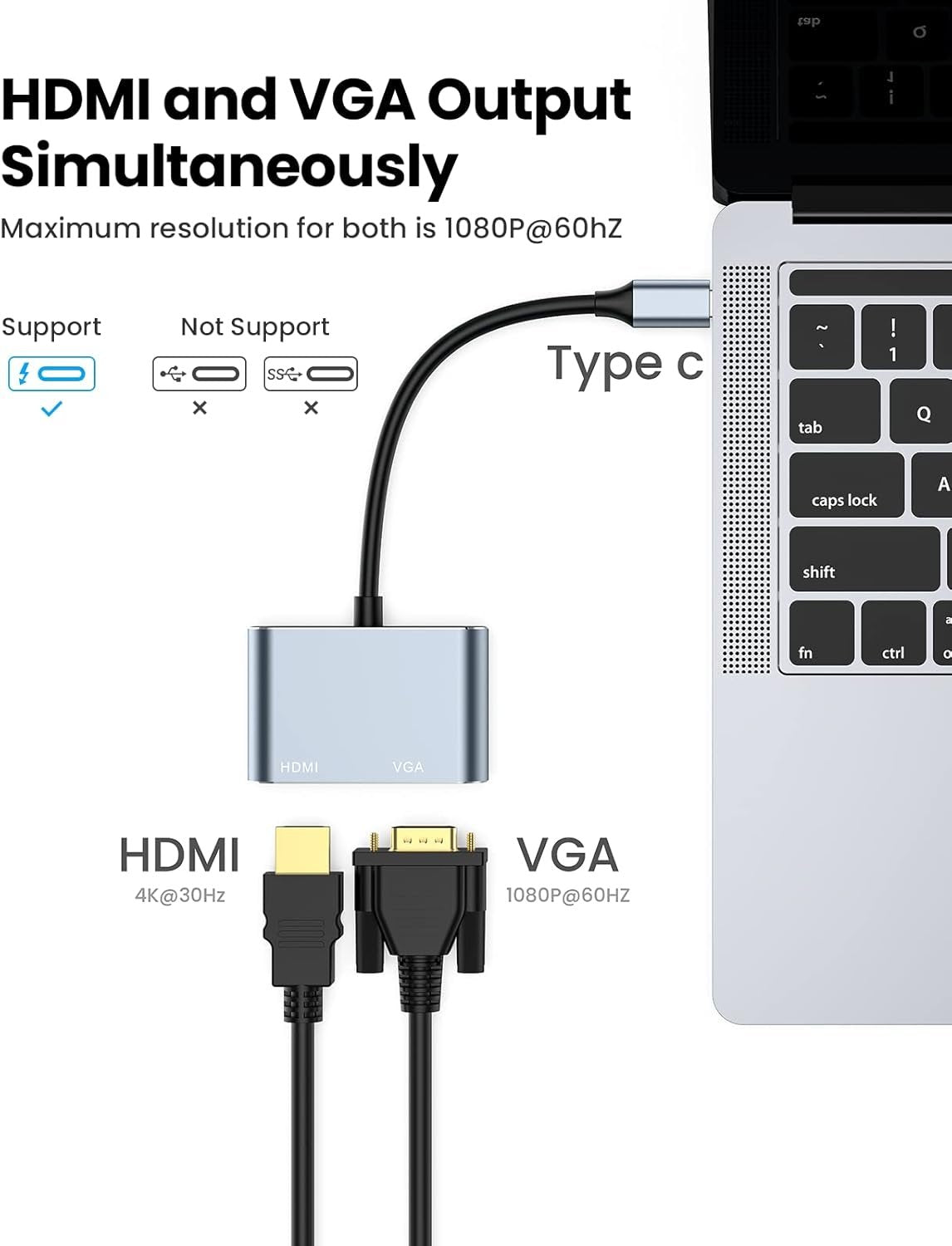 USB C to HDMI VGA Adapter,Vilcome 2-in-1 USB C Hub with 4K HDMI, 1080P VGA,Type C to HDMI Converter for MacBook/MacBook Pro 2019/2018,MacBook Air,Chromebook Pixel,LenovoYoga 720/730,Dell XPS 13