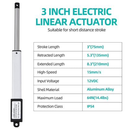 NORJIN DC12V 3inch Stroke Min Linear Actuator with Mounting Bracket 64N/14lbs Speed 15mm/s, Waterproof Electric Actuator Motor for TV, Table, Cabinets, Window Opener, Home Automation
