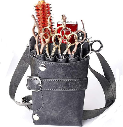 Scissors Pouch PU Leather Salon Barber Hairdressing Scissors Holster Hair Stylist Tools Bag Comb Shear Holster Waist Shoulder Belt (Grey)