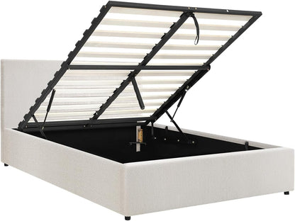 Oikiture Bed Frame Doubel Size Gas Lift Storage Base Boucle Fabric Material White