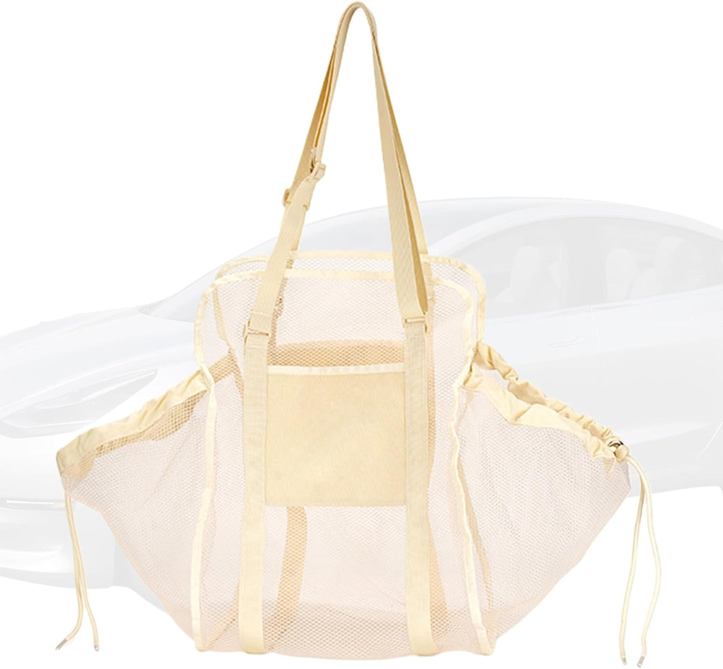 Car Mesh Organizer, Seat Storage Pouch, 12.6x18.9x1.18 Inches, Adjustable Buckle Drawstring, Bag Design, Interior Vehicle Accessory for Back Camping and Outdoor Travel, White
