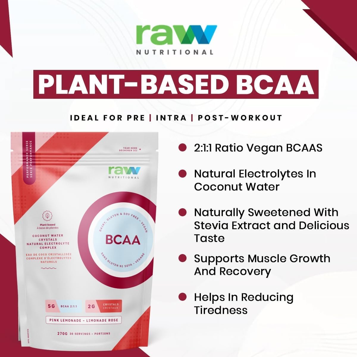 Raw Nutritional Vegan BCAA Powder | 5g 2:1:1 Ratio Amino Acids BCAAs, 2g Coconut Water Crystals | Post Workout Muscle Recovery & Electrolyte Support | 30 Servings (Pink Lemonade)