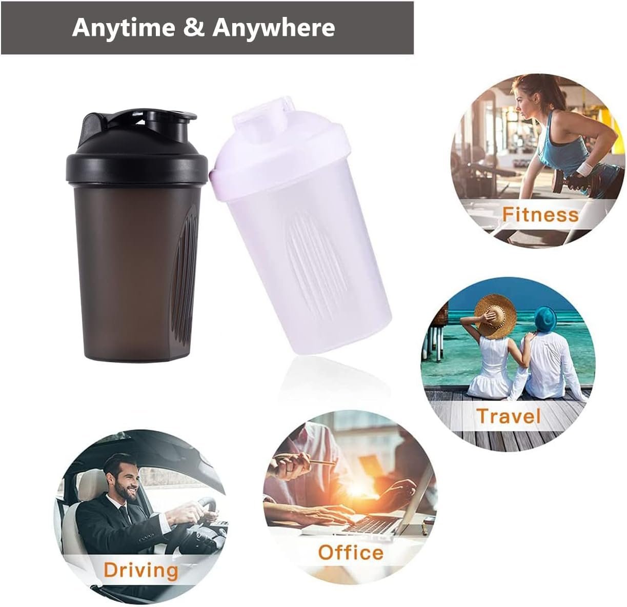 GAISHION Shaker Bottle Protein Shakes and 16-Ounce/400ML Shaker-Bottle with Whisk Balls, Non-BPA plastic (Black+White(2PCS))
