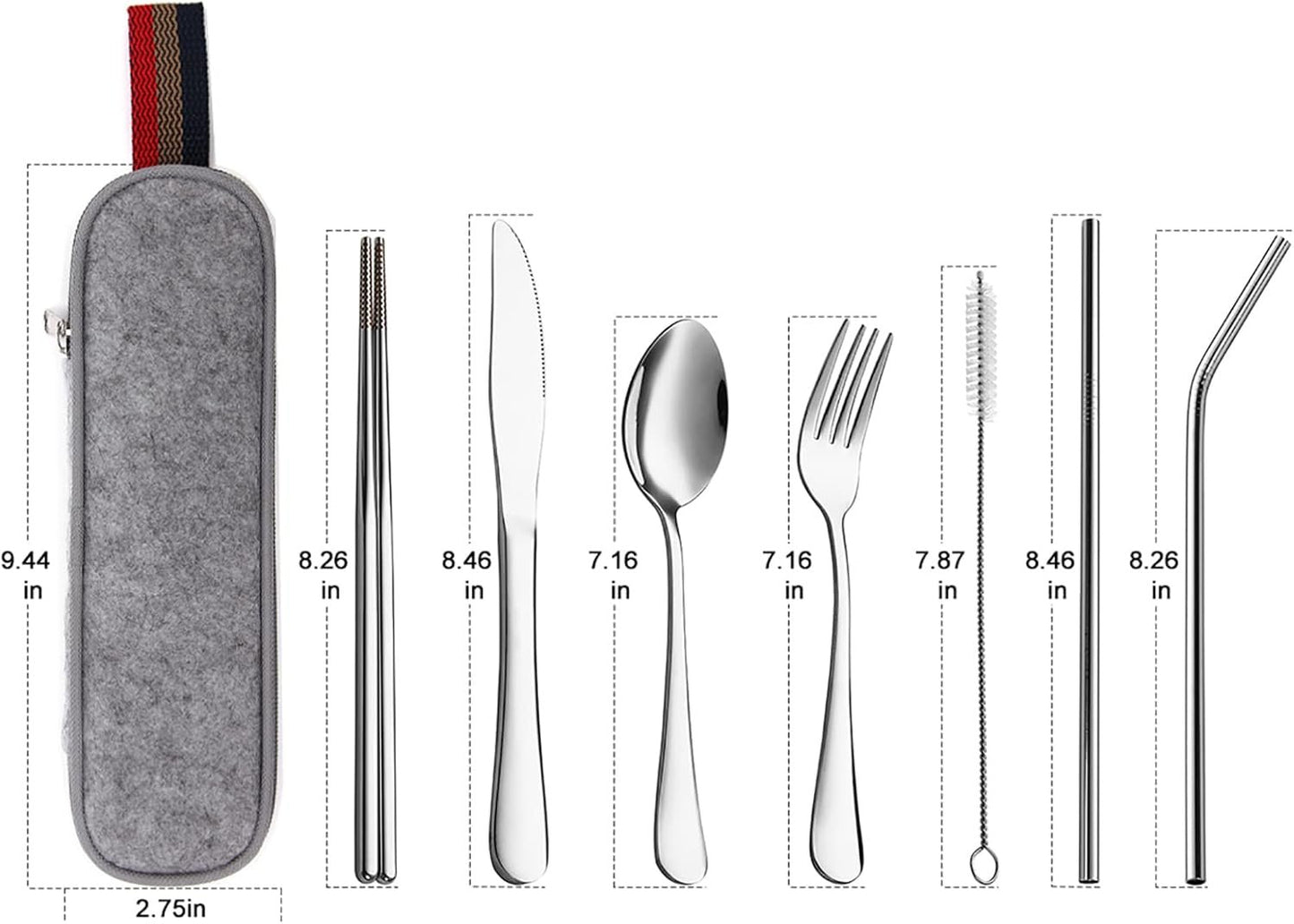 Portable Utensils, Travel Camping Cutlery Set, 8-Piece Including Knife Fork Spoon Chopsticks Cleaning Brush Straws Portable Case, Stainless Steel Flatware Set 8-Piece 8-Piece Silver