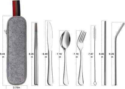 Portable Utensils, Travel Camping Cutlery Set, 8-Piece Including Knife Fork Spoon Chopsticks Cleaning Brush Straws Portable Case, Stainless Steel Flatware Set 8-Piece 8-Piece Silver