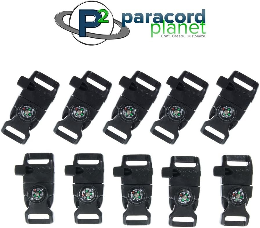 10 Piece Pack Black 5/8 Inch Compass Flint Firestarter Scraper Whistle Utility Buckles - Ideal for Camping, Paracord Bracelets, Outdoors, Emergency, Travel, Survival, Travel Kits