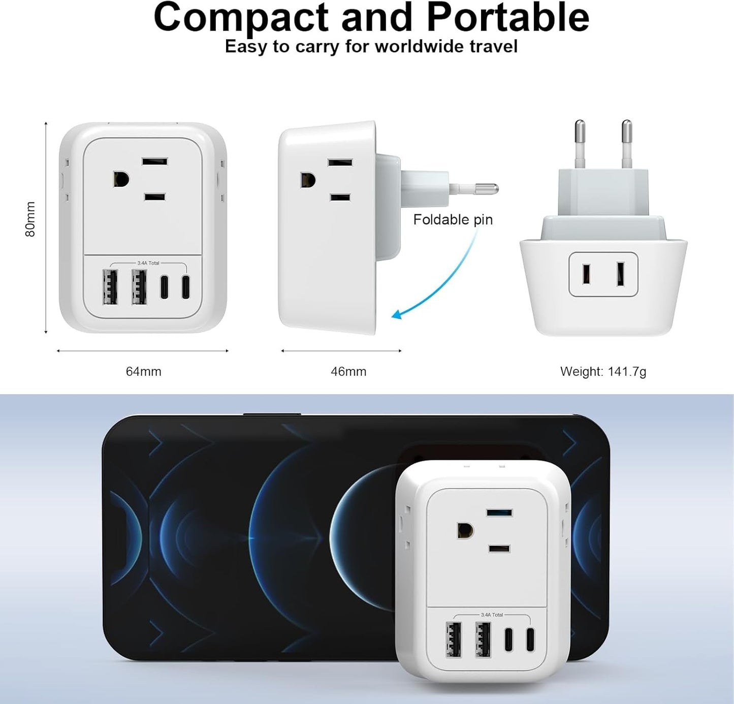 VYLEE Travel Plug Adapter with 4 AC Outlets and 4 USB Ports - European and International Power Adapter, Type C Plug Adapter Travel Essentials to Most Europe EU Spain Italy France Germany [1 Pack]