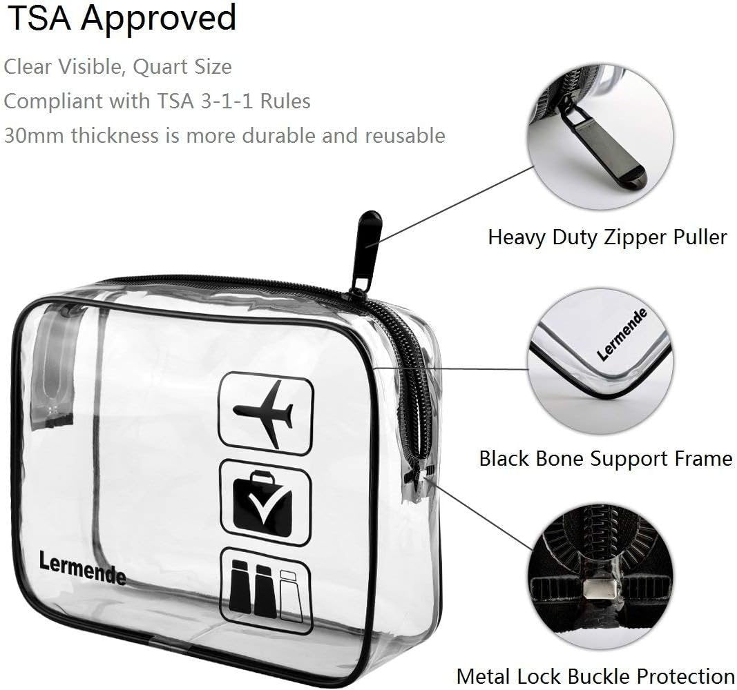 Lermende 2pcs Clear Toiletry Bag TSA Approved Travel Bag,Carry On for Travel,Airport Airline Accessories Compliant Bag,Quart Sized Makeup Cosmetic Bag Women Men