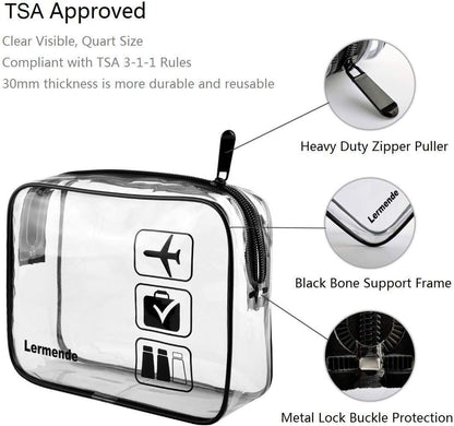Lermende 2pcs Clear Toiletry Bag TSA Approved Travel Bag,Carry On for Travel,Airport Airline Accessories Compliant Bag,Quart Sized Makeup Cosmetic Bag Women Men