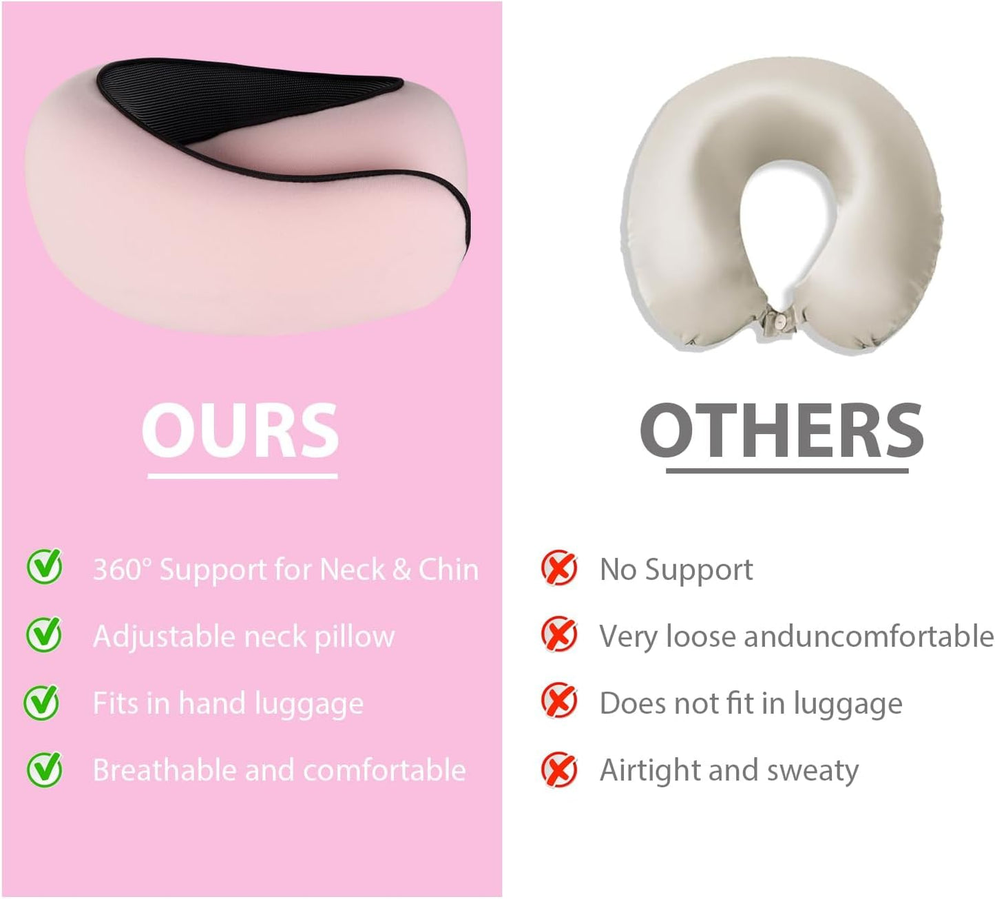 Neck Pillow Travel Pillows 100% Pure Memory Foam Neck Pillow, Comfortable & Breathable Cover, Airplane Travel Kit with 3D Contoured Eye Masks, Earplugs, for Airplane, Cars, Office Pillow (Pink)