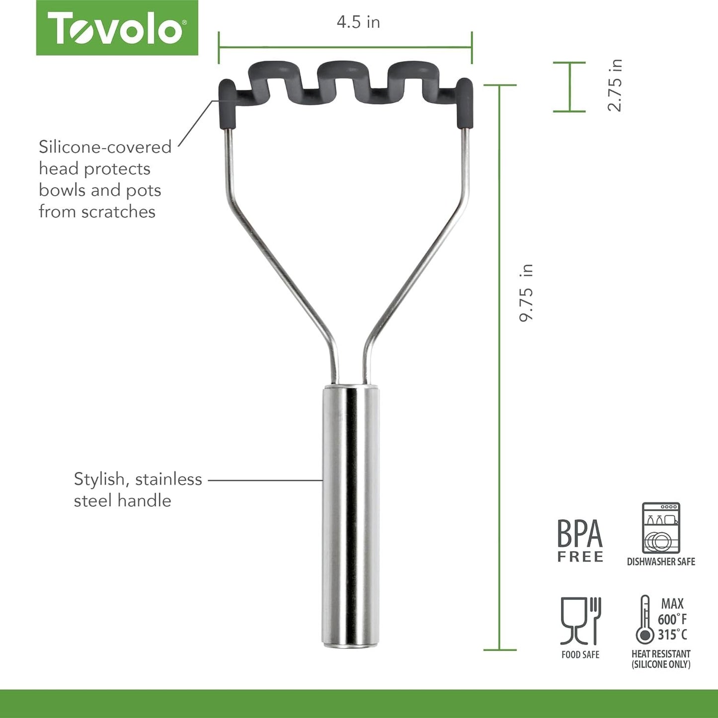 Tovolo Silicone Potato Masher (Black) - Meat Masher/Food Prep Tool with Ergonomic Design | High Heat Resistant | Non-Stick Kitchen Utensil