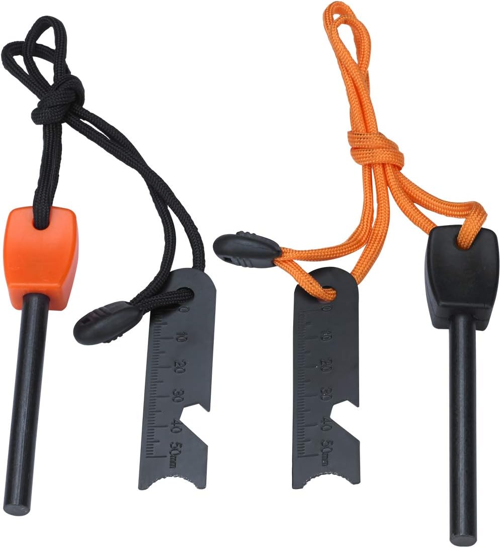 FOSTAR Ferrocerium Alloy Rod Fire Starter 5/16 Inch Thick Waterproof Fire Steel Bushcraft Ferro Rod with Easy Grip Handle Multi-Tool Striker and Necklace Paracord Lanyard (2PCS Black and Orange)
