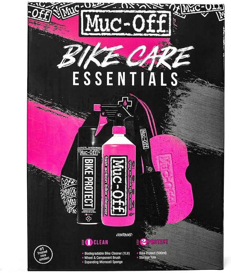 Muc-Off Bike Care Essentials Kit - Bike Cleaning Kit, Cleaning Bundle for MTB/Road/Gravel Bikes - Set Includes Bike Cleaner and Bike Protect, Black