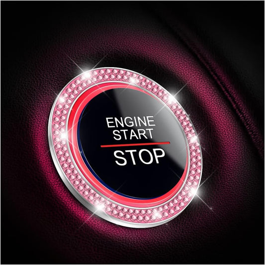 Car Bling Crystal Rhinestone Engine Start Ring Decals, 2 Pack Car Push Start Button Cover/Sticker, Key Ignition Knob Bling Ring, Sparkling Car Interior Accessories for Women (Pink1)