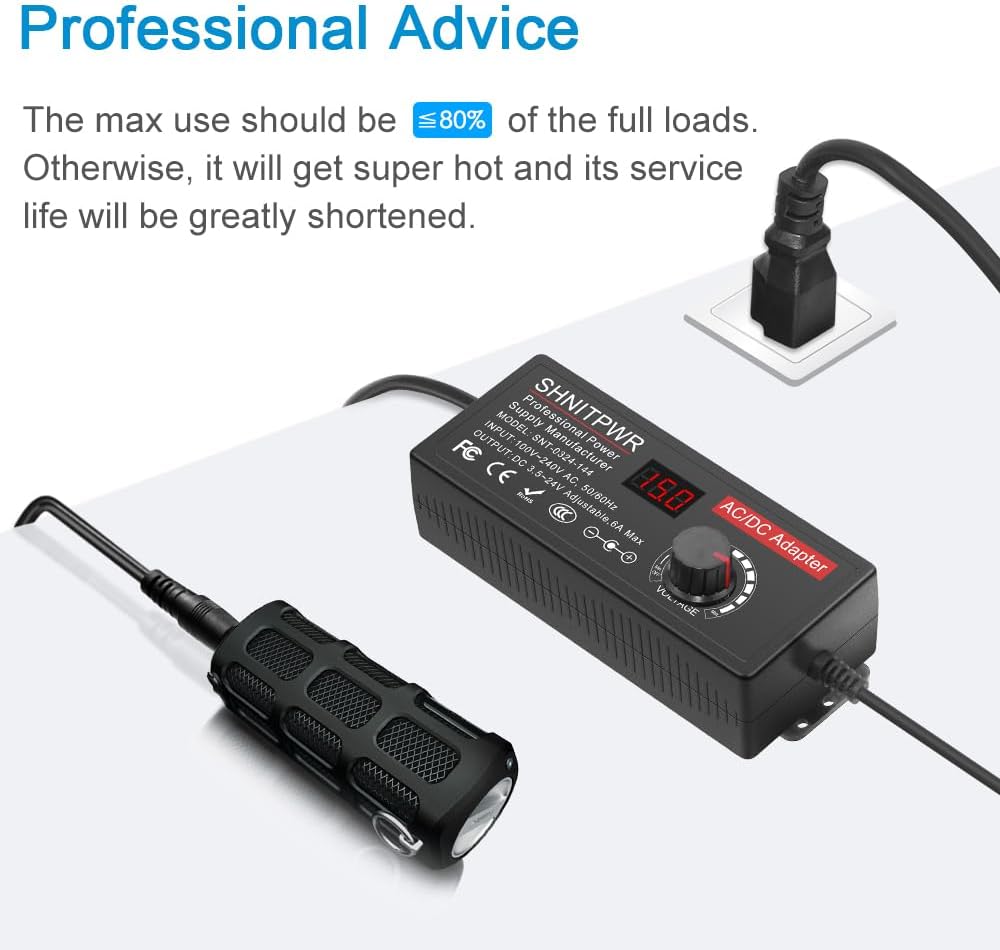 SHNITPWR Universal Power Supply 3.5-24V 144W DC 24V 19V 14V 12V 9V 6V 5V 3.5V 6A Adjustable AC/DC Power Adapter with 14 Tips and Polarity Cable for Home Electronics