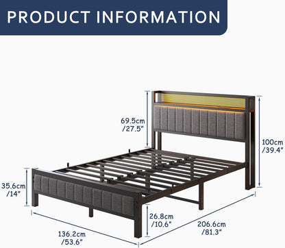 VERFARM Double Bed Frame with LED Lights Storage Headboard and USB Charging Station,Metal Upholstered Platform Bed Frame Double with Storage No Box Spring Needed,Strong Steel Slats,Noise Free,Grey