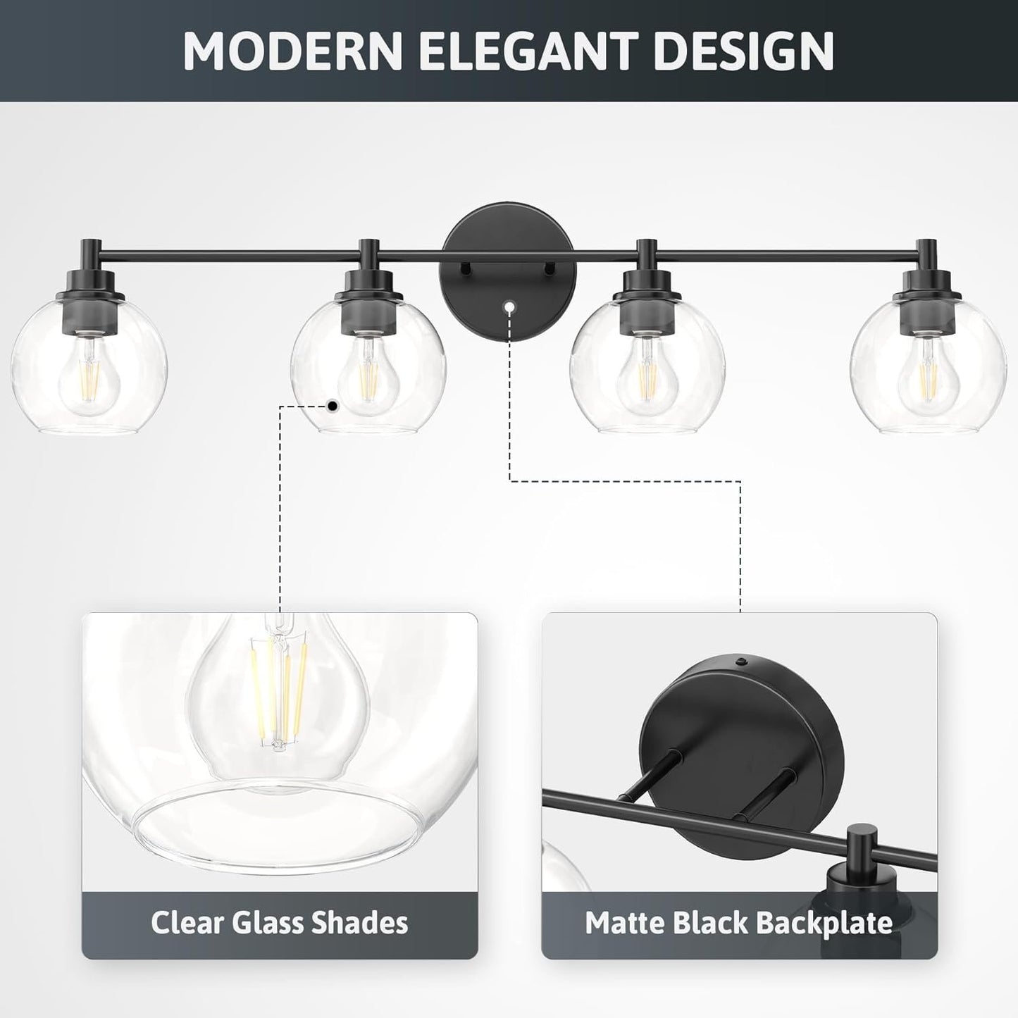 VONLUCE Bathroom Light Fixtures, 4-Light Bathroom Vanity Light with Globe Glass Shades E26 Sockets, Bathroom Lights Over Mirror for Bedroom Hallway Living Room, Black Finish