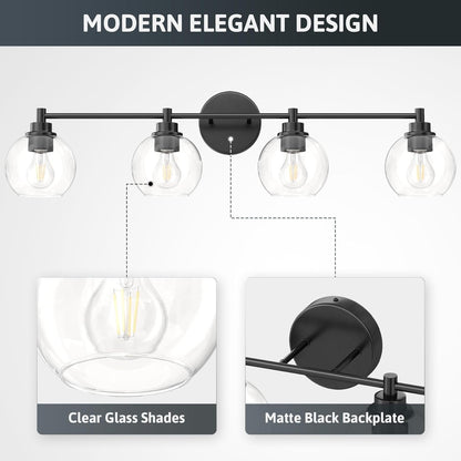 VONLUCE Bathroom Light Fixtures, 4-Light Bathroom Vanity Light with Globe Glass Shades E26 Sockets, Bathroom Lights Over Mirror for Bedroom Hallway Living Room, Black Finish