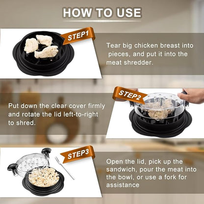 Chicken Shredder, Chicken Breast Shredder Tool Twis with Brush&Fork, Visible Meat Shredder Machine Strong Anti-Slip Base, Safe Transparent Lid, Bpa Free, Dishwasher Safe (9.84"-Black)