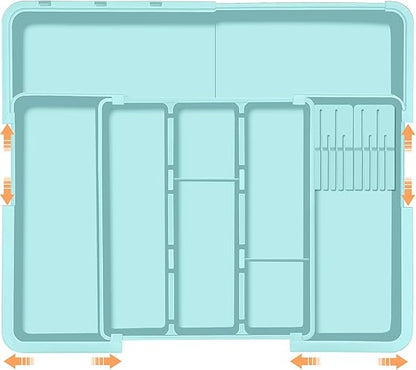 Utensil Drawer Organizer for Kitchen, Expandable Silverware Organizer Cooking Utensils Tray, Large Cutlery and Flatware Holder, Kitchen Tools & Gadgets Storage (Turquoise)