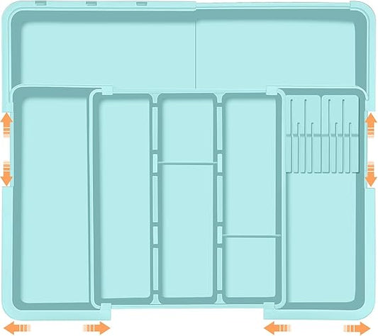 Utensil Drawer Organizer for Kitchen, Expandable Silverware Organizer Cooking Utensils Tray, Large Cutlery and Flatware Holder, Kitchen Tools & Gadgets Storage (Turquoise)