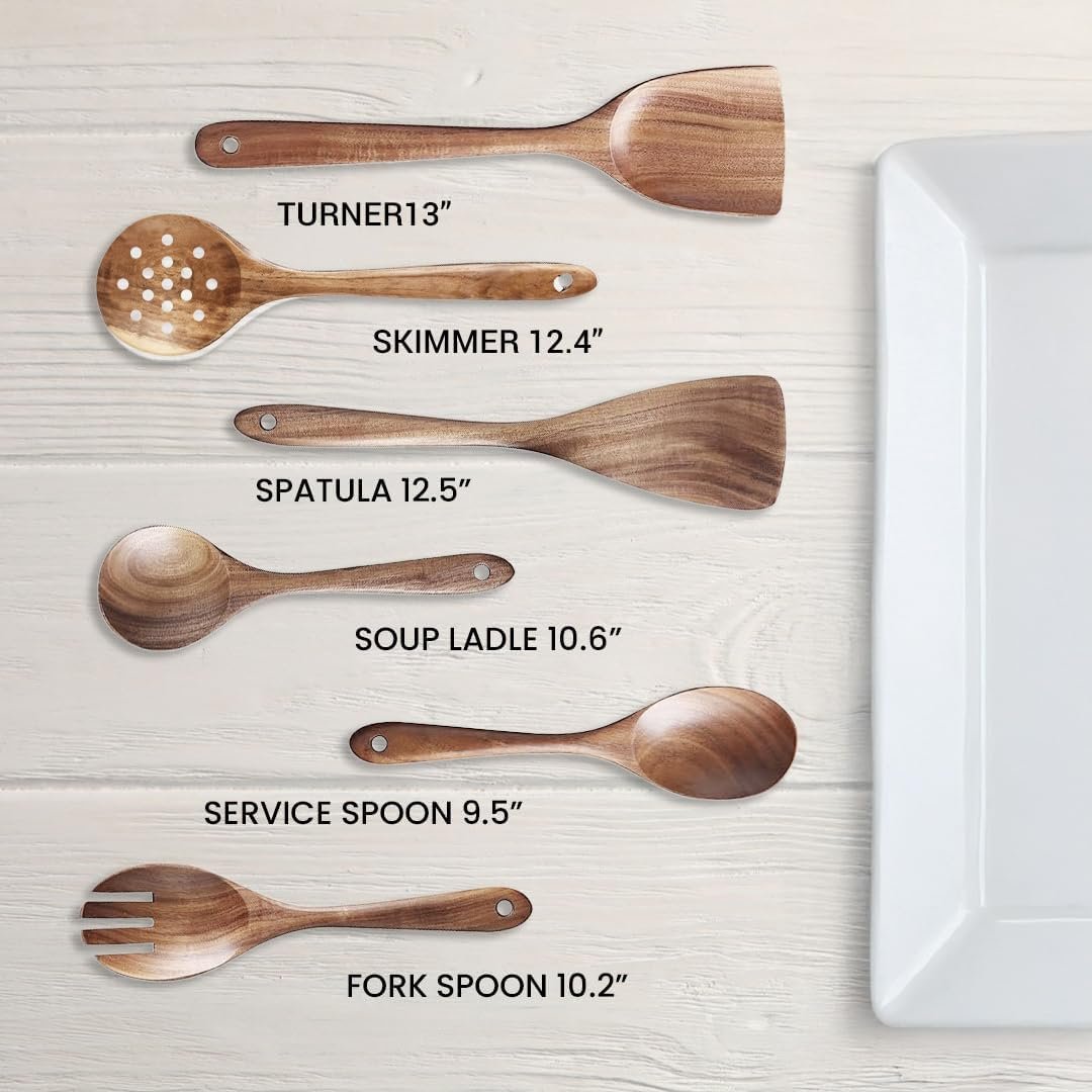6-Piece Wooden Spoons for Cooking, Acacia Wood Cooking Utensils Set, Kitchen Utensils for Nonstick Pans and Cookware | Wooden Spatulas & Spoons | Heat Resistant, Comfort Grip, Eco-Friendly, Non Toxic
