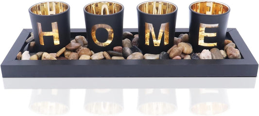 Candle Holder Set, Includes 4 Glass Tumblers, Natural Stones & Wooden Tray for Home Table Decorations (Home)