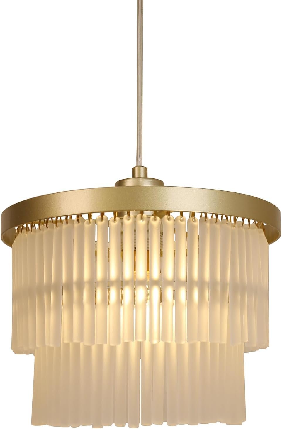Lexi Lighting Greer Chandelier Light, Dia 25cm, 1 Light Stylish Gold Metal Tiered Frosted Rods Glass Easy-fit Shade Pendant Ceiling Light for Any Living Room, Dining Area, or Bedroom