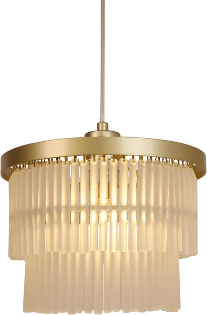 Lexi Lighting Greer Chandelier Light, Dia 25cm, 1 Light Stylish Gold Metal Tiered Frosted Rods Glass Easy-fit Shade Pendant Ceiling Light for Any Living Room, Dining Area, or Bedroom