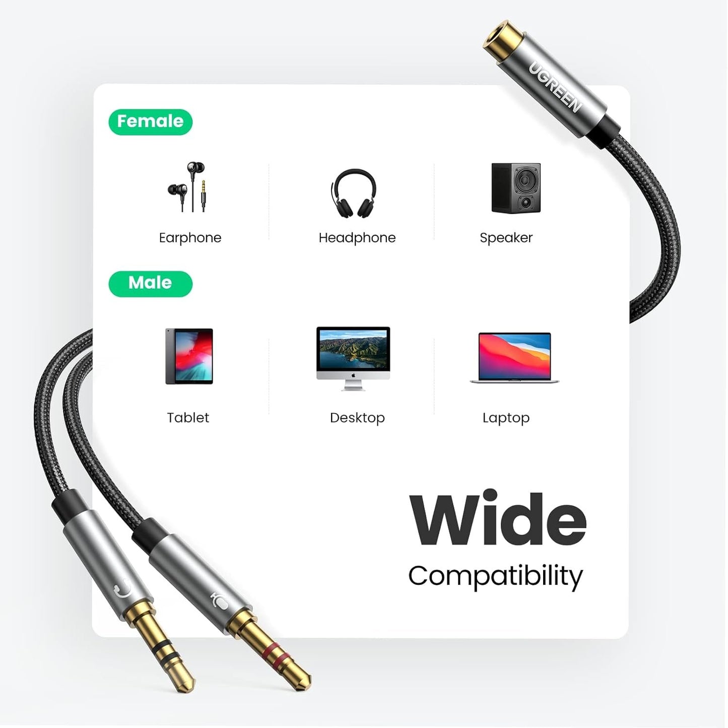 UGREEN Headphone Splitter for Computer 3.5mm Female to 2 Dual 3.5mm Male Headphone Mic Audio Y Splitter Cable Smartphone Headset to PC Adapter (Black)