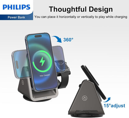 PHILIPS 3 in 1 Wireless Charging Station with Magsafe Qi | iPhone/Samsung | iWatch | Airpod | Multiple Charger Devices Station| Desktop/Portable Foldable Reliable 3X Devices with Ring & Decal (V2.0)