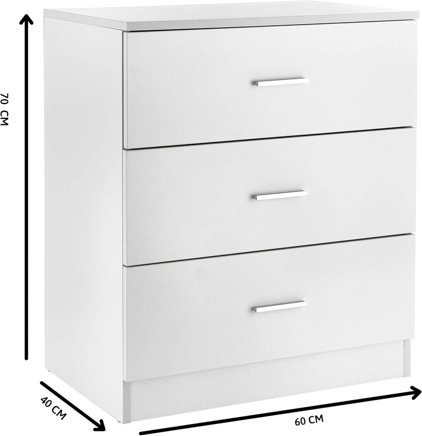 Baroni Home 3 Drawer Chest of Drawers in Melamine-Plated, Bedroom or Living Room, Modern White Furniture, 60 x 40 x 70 cm