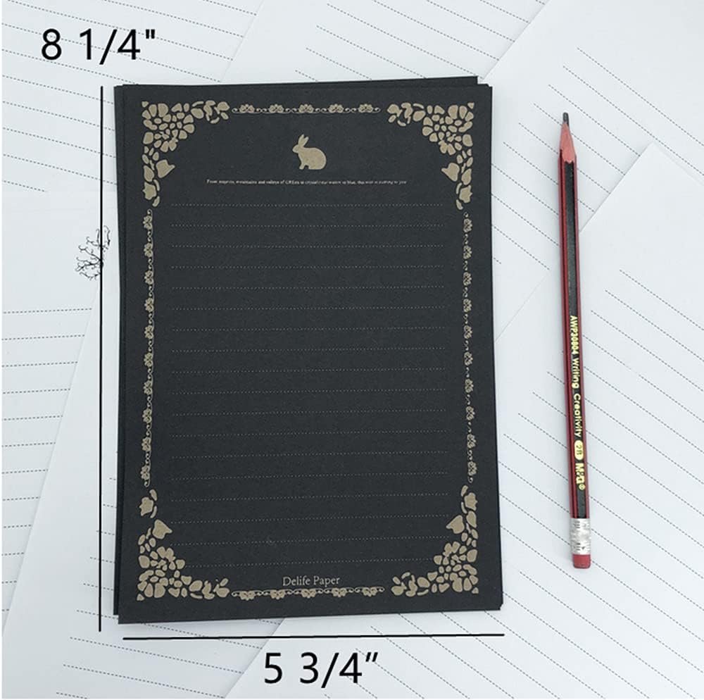 Black 80 Sheets Stationary Writing Paper,5 3/4x 8 1/4" Golden-Lace Vintage Stationery Paper with Lines Letter Paper for Office Home School Wedding Invitations or Love Letter 8 Different Patterns
