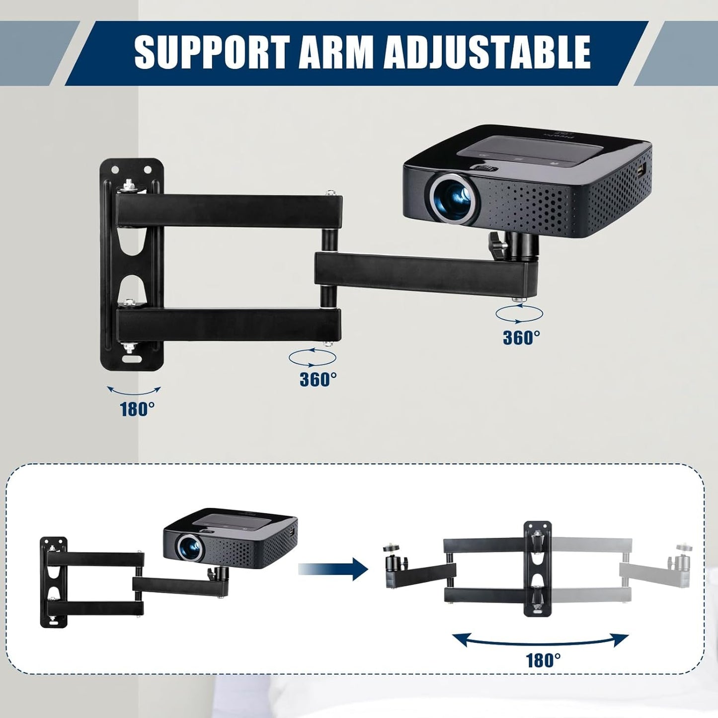 letuxaamz Wall Projector Stand, Three Arms Metal Multi-Angle Adjustable Projector/Monitor Mount with 1/4 Inch Screw Interface Articulated Arm
