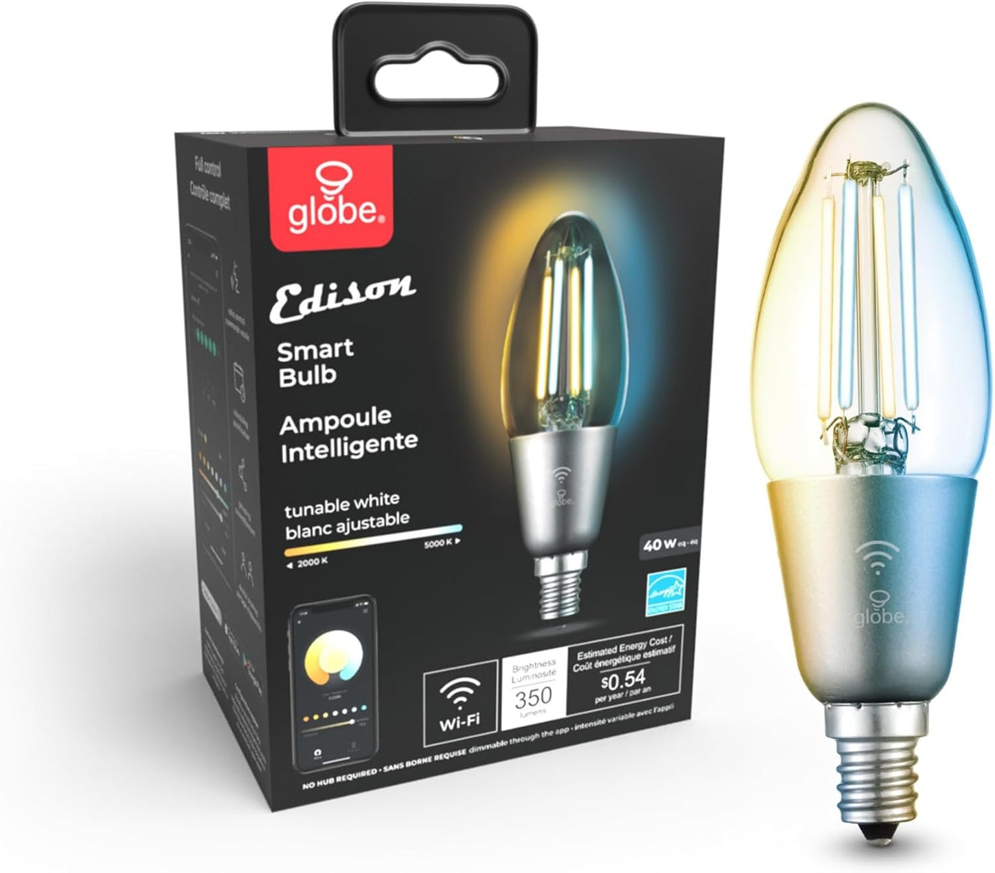 Wi-Fi Smart 4.5W (40W Equivalent) Straight Filament Tunable White Clear LED Light Bulb, No Hub Required, Voice Activated, Energy Star, 2000K - 5000K, Vintage Edison Style, B11 Shape, E12 Candelabra Ba