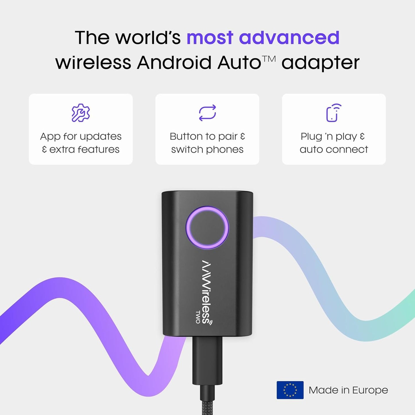 Two - Android Auto Wireless Adapter - Convert Factory Wired Android Auto to Wireless - Multifunctional Button - Easy Plug and Play Setup - Seamlessly Connect Via Bluetooth - Made in Europe