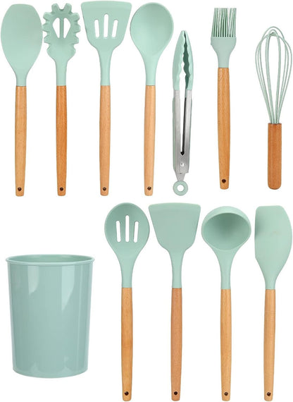 ZPSHYD Set di utensili da cucina in silicone con manici in legno, 12 pezzi gadget da cucina, verde chiaro, include spazzola per olio, cucchiaio antiaderenteForniture da cucina per la casa