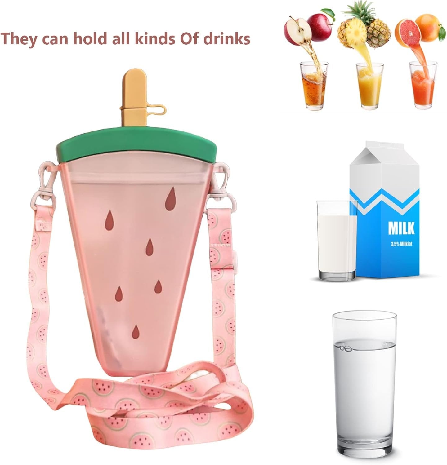 Cute Water Bottle with Straw Ice Cream Watermelon Drink Bottle Leakproof Drinking Cup for Adult Kids Water Bottles for Girls
