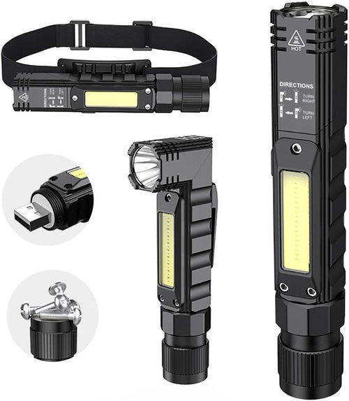 Portable Flashlight, 800 Lumens USB Rechargeable Tactical Flashlight, 90 Degree Rotate, Magnet Tail, Flashlight IPX4 Waterproof Led Flashlight 5 Modes, COB Work Light for Camping, Outdoor, Reading