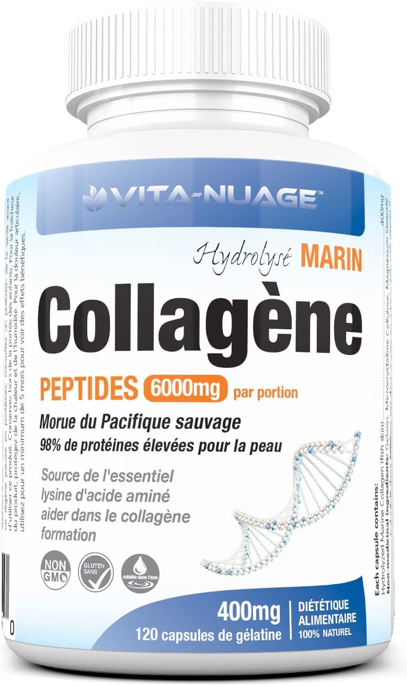 Vita-Nuage | Canada Brand | (2 PACK) Premium Marine Wild Fish Collagen 6000mg 90% High Protein Content 120 Count, 100% Pure Hydrolyzed Collagen