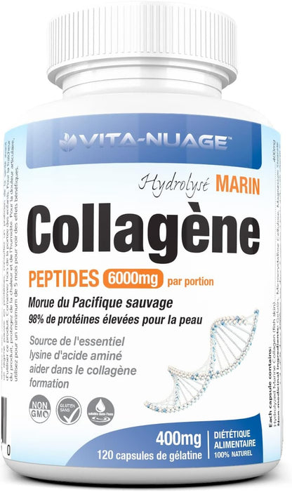 Vita-Nuage | Canada Brand | (2 PACK) Premium Marine Wild Fish Collagen 6000mg 90% High Protein Content 120 Count, 100% Pure Hydrolyzed Collagen