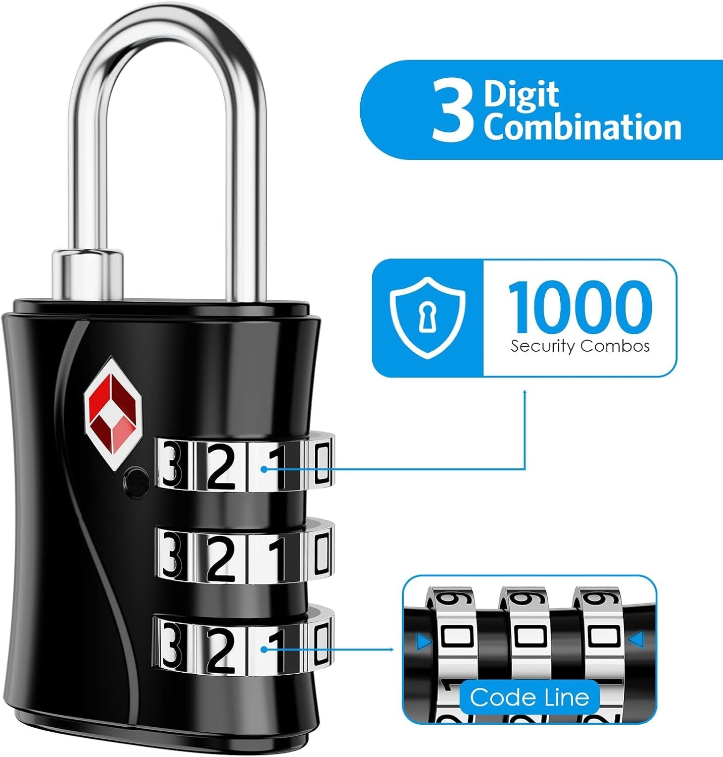 AMIR TSA Approved Locks, 3-Digit Security Padlock, Luggage Locks TSA Approved, Set Your Own Combination Luggage Lock for Travel, Baggage, Suitcases & Backpacks