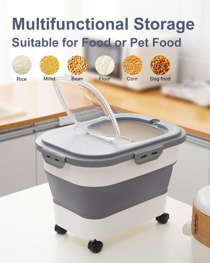 DDMOMMY 20-30 Lbs Rice Storage Container,Collapsible Food Storage Containers with Rolling Wheel Airtight Locking Lid,Flour Storage Container with Cup and Scoop,Suitable for Food,Rice,Pet Food,Flour