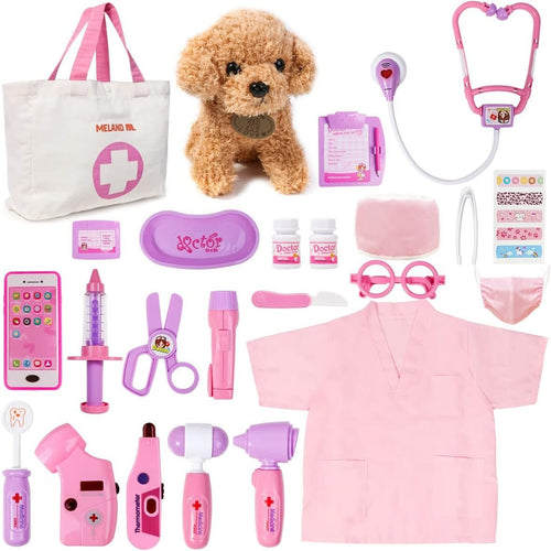 Meland Doctor Kit Kids, Kids Doctors Play Set with Dog Toy & Doctor Costume, Pretend Play Pet Vet Toys for Aged 3 4 5 6 Years Old Girls