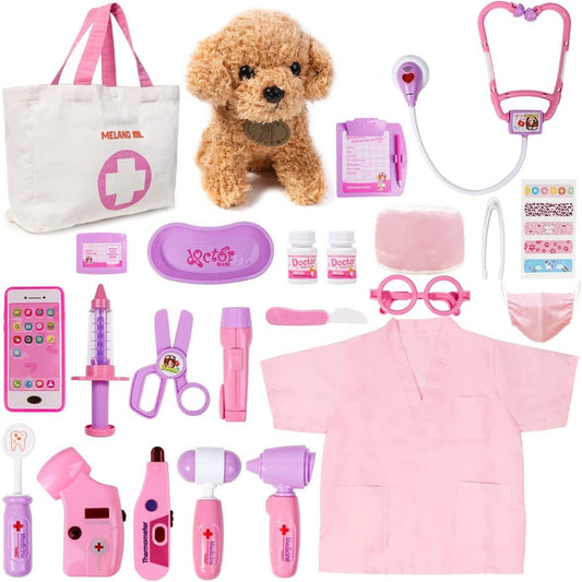 Meland Doctor Kit Kids, Kids Doctors Play Set with Dog Toy & Doctor Costume, Pretend Play Pet Vet Toys for Aged 3 4 5 6 Years Old Girls