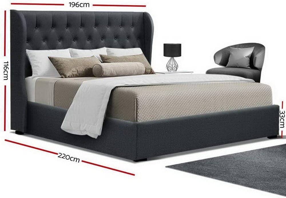 Artiss King Size Bed Frame Platform Wingback Headboard Frames Gas Lift Beds Base with Storage Space Bedroom Room Decor Home Furniture, Upholstered with Charcoal Faux Linen Fabric + Foam + Wood