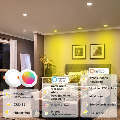 Lighting Led Downlights Ceiling 3 inch 60W Equivalent 600LMï¼ŒSmart Recessed Spot Lights with APP Control, Daylight White 5000K - Colour Changing RGB for Living Room Bedroom Kitchen Bathroom (6packs)